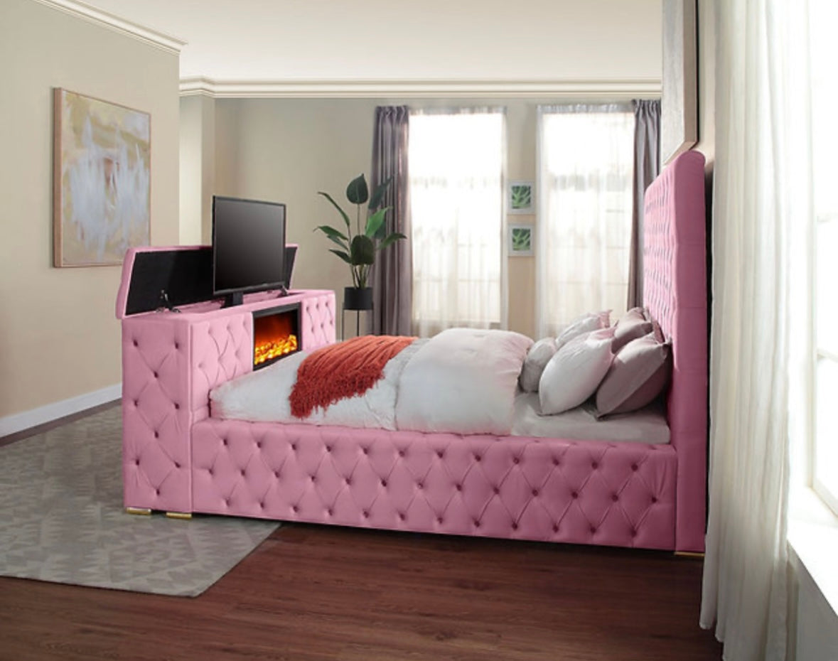 Tufted Fireplace Bed W/ Tv insert