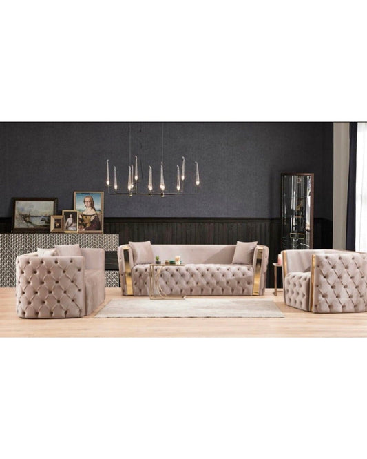 Rolex Cream & Gold Tufted Sofa Set