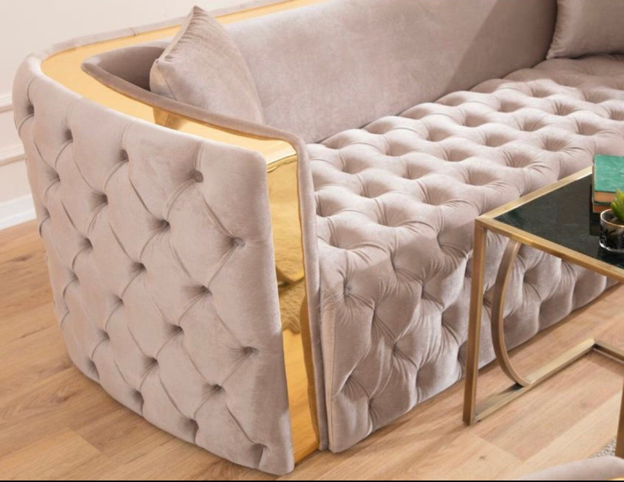 Rolex Cream & Gold Tufted Sofa Set