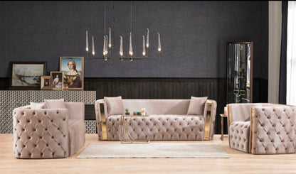 Rolex Cream & Gold Tufted Sofa Set