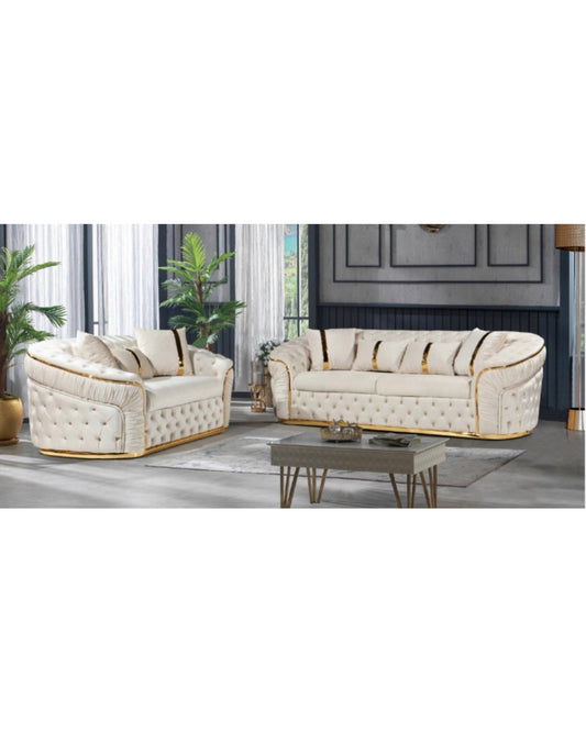 King Cream & Gold Tufted Sofa Set